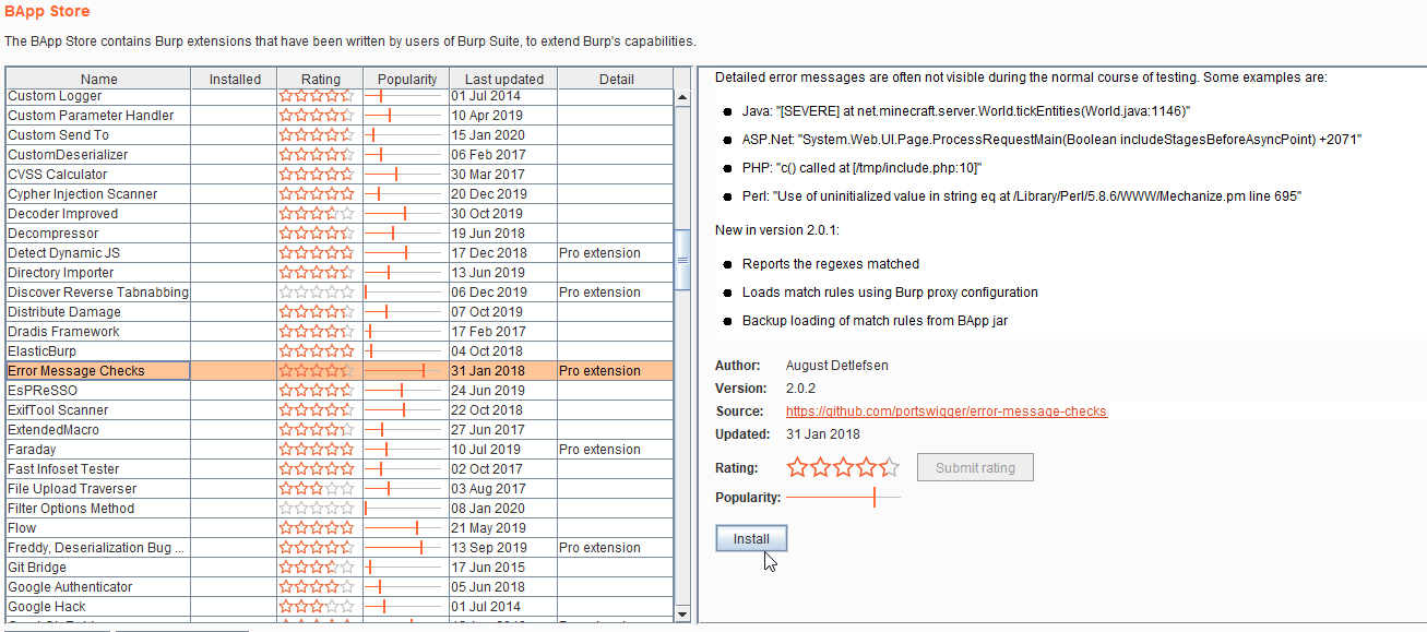Burp extension tab and select Error Message Checks