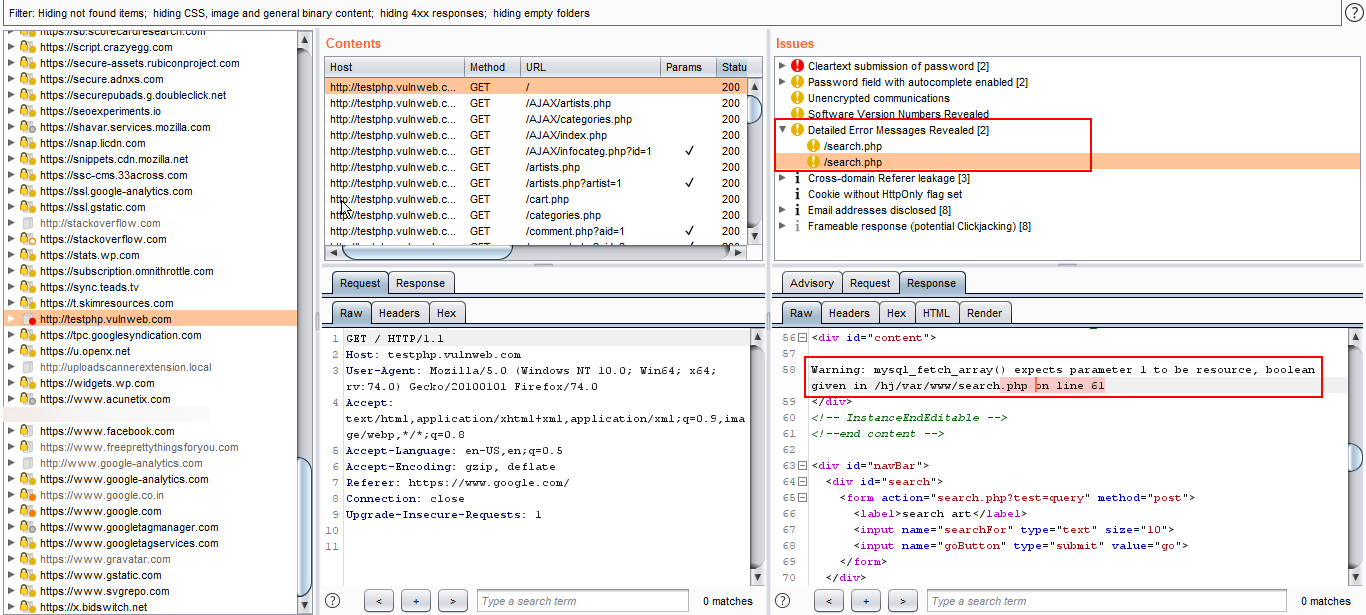 Burp extension tab and select Error Message Checks