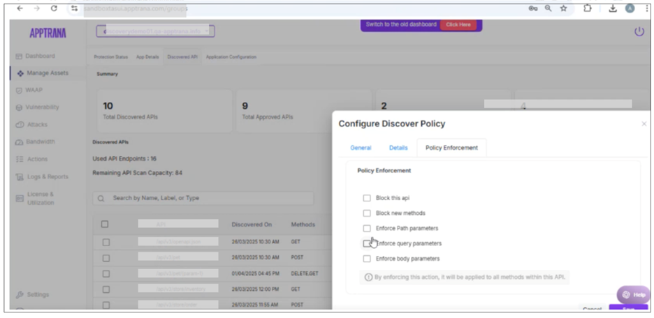 AppTrana API Protection – Configuring security policy for discovered APIs