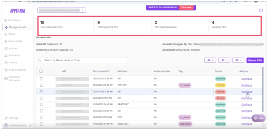 Unified AppTrana dashboard showing complete visibility and status of discovered APIs