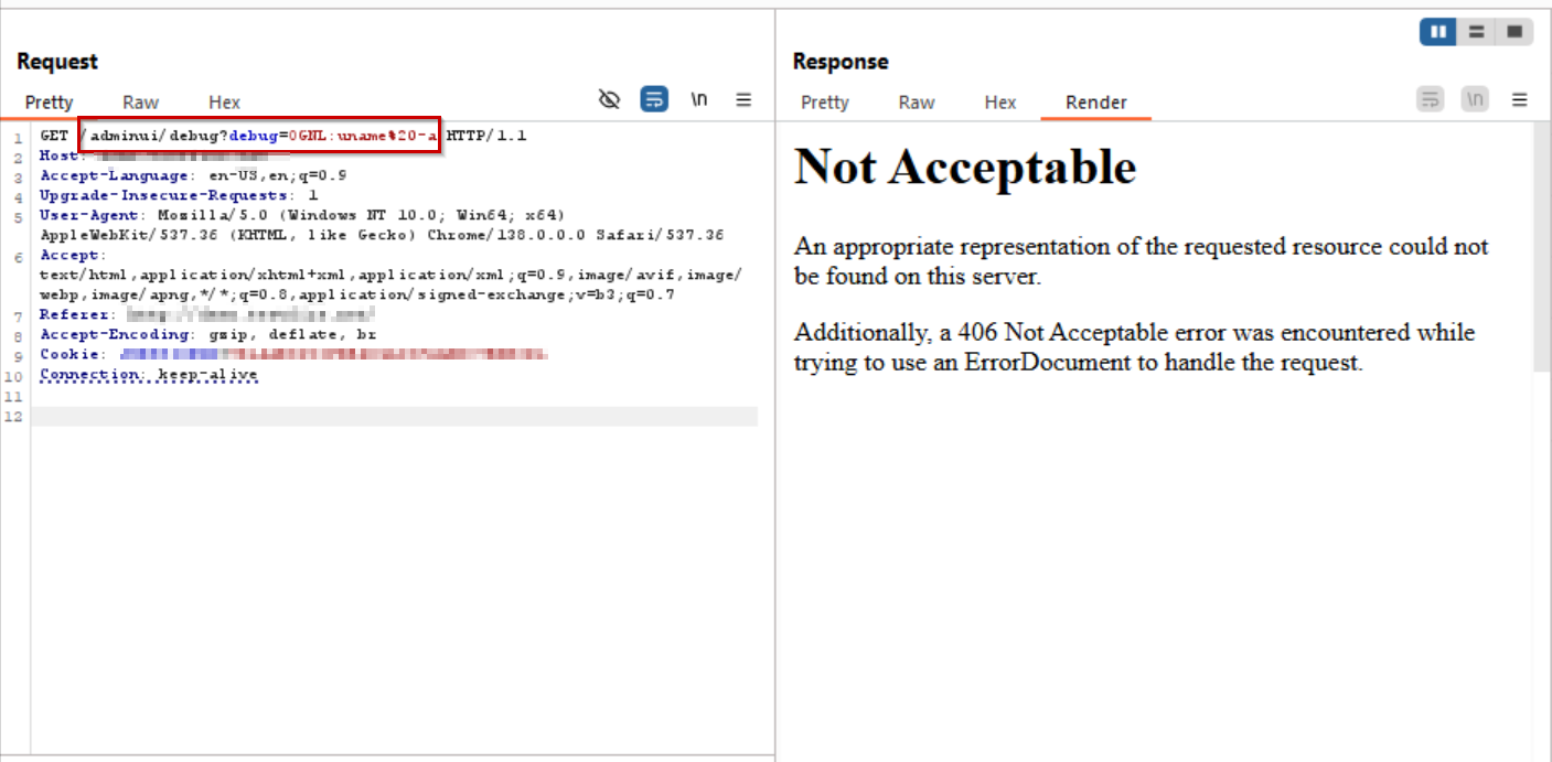 AppTrana WAAP intercepts the payload (uname -a) and responds with 406, ensuring no command execution.