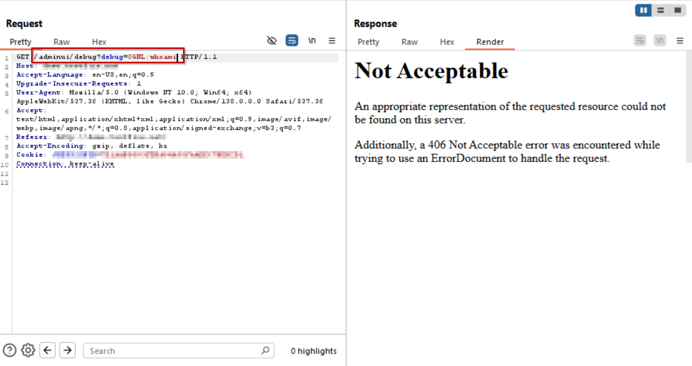  AppTrana WAAP blocks the malicious OGNL payload (whoami) by returning a 406 response. 
