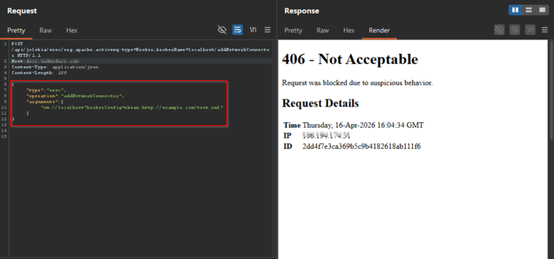 AppTrana blocking Jolokia RCE request with 406 response
