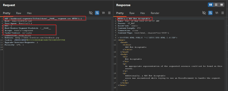 Burp Suite showing segment-prefetch RSC request blocked by AppTrana with 406 response