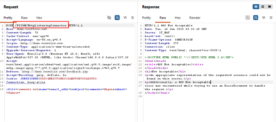 AppTrana blocking exploit attempt on /PSIGW/HttpListeningConnector endpoint, CVE-2026-35273